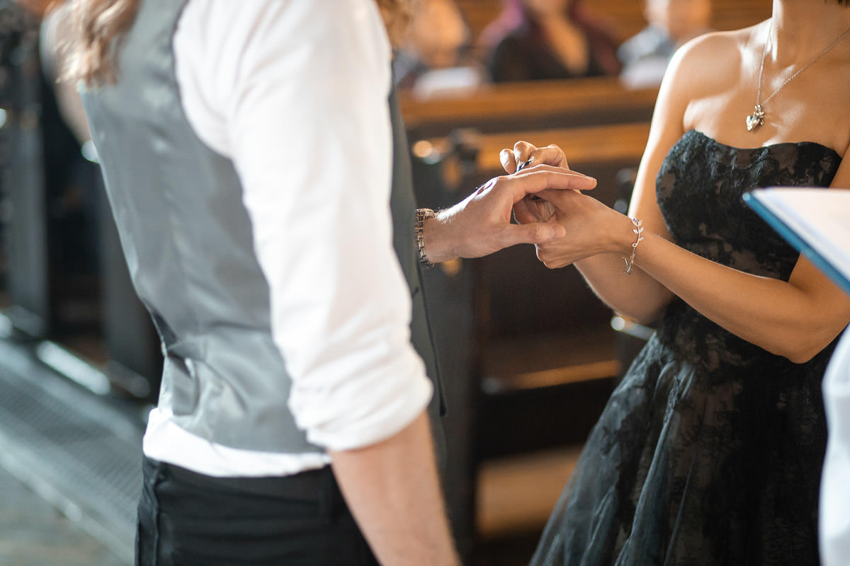 bride wearing black vera wang dress during london wedding