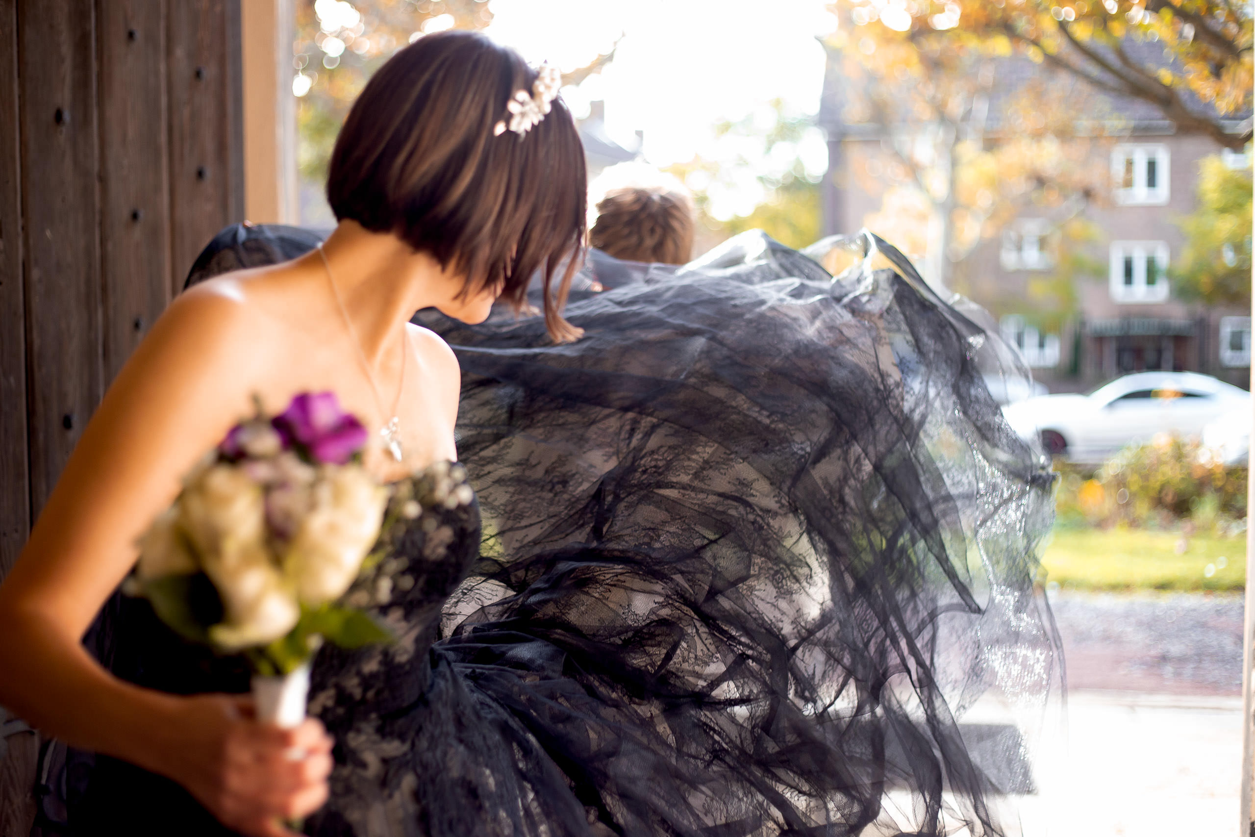 bride wearing black wedding vera wang dress