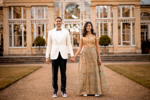 Bride and Groom outside wedding venue Syon House Great Conservatory Wedding Photographer